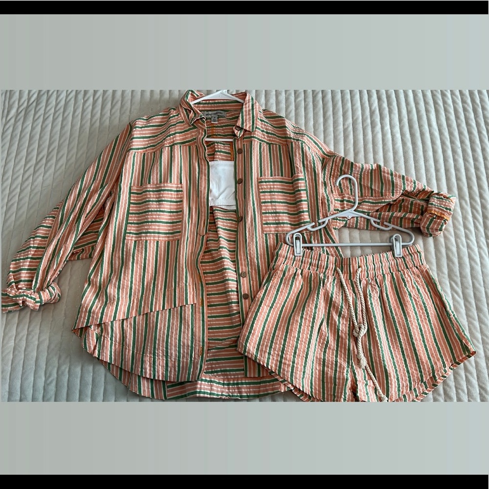 UO Abbi Striped Button-Down Shirt And Short Set
